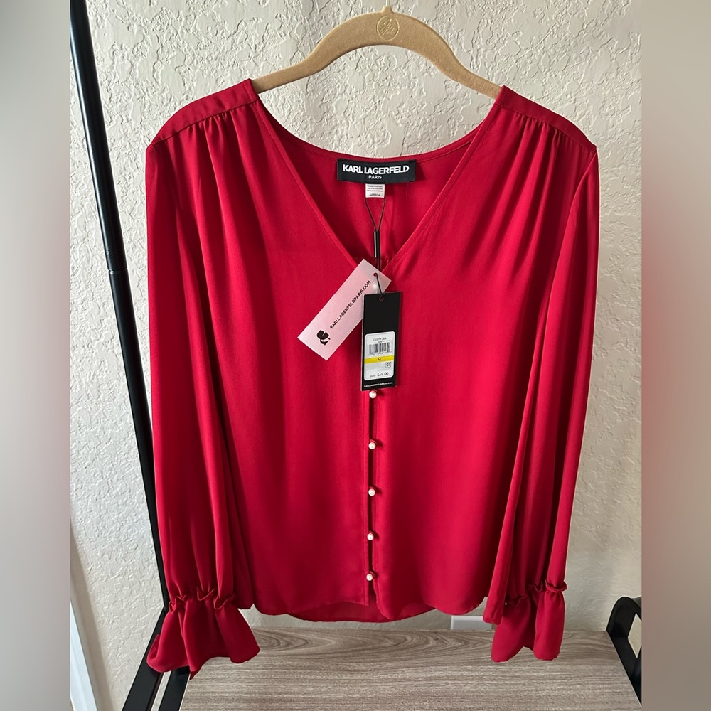 Karl Lagerfeld Bright Red V-Neck Blouse with Pearl Buttons